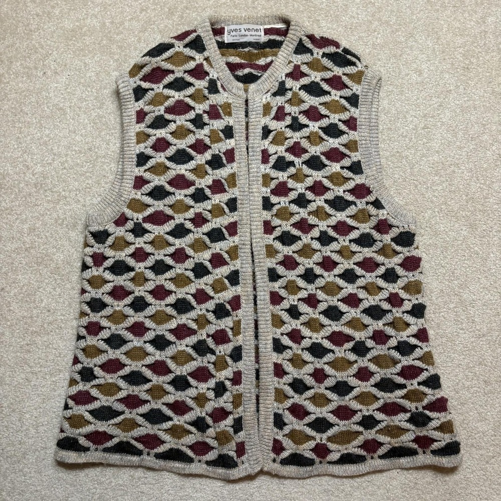 Yves Venet Sweater Vest Womens Large Multicolor Chunky Geometric Knit Open Front